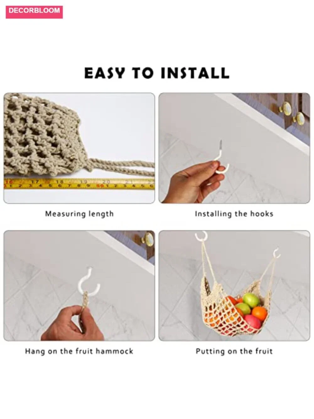 Large Macrame Fruit Hammock for Kitchen Under Cabinet Storage with 4 Hooks
